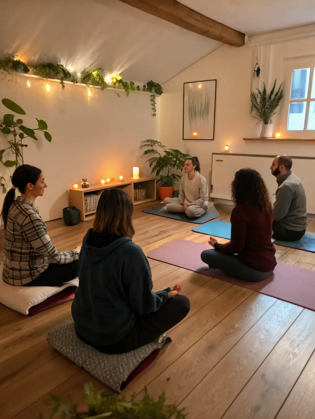 A group of people meditating in a yoga studio, emphasizing mindfulness and mental clarity, soft lighting.