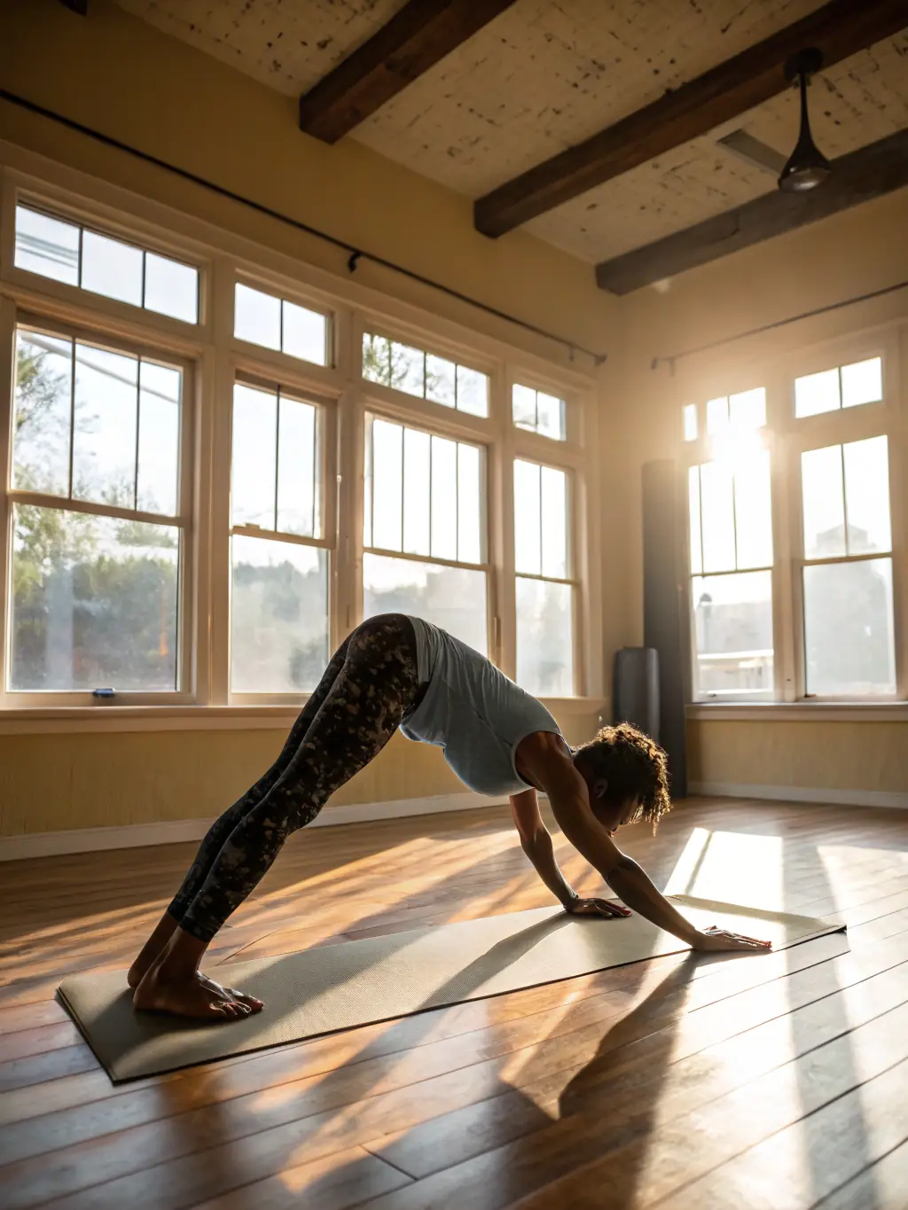 A person in a revolved crescent lunge pose, demonstrating core strength and balance, in a bright studio setting.