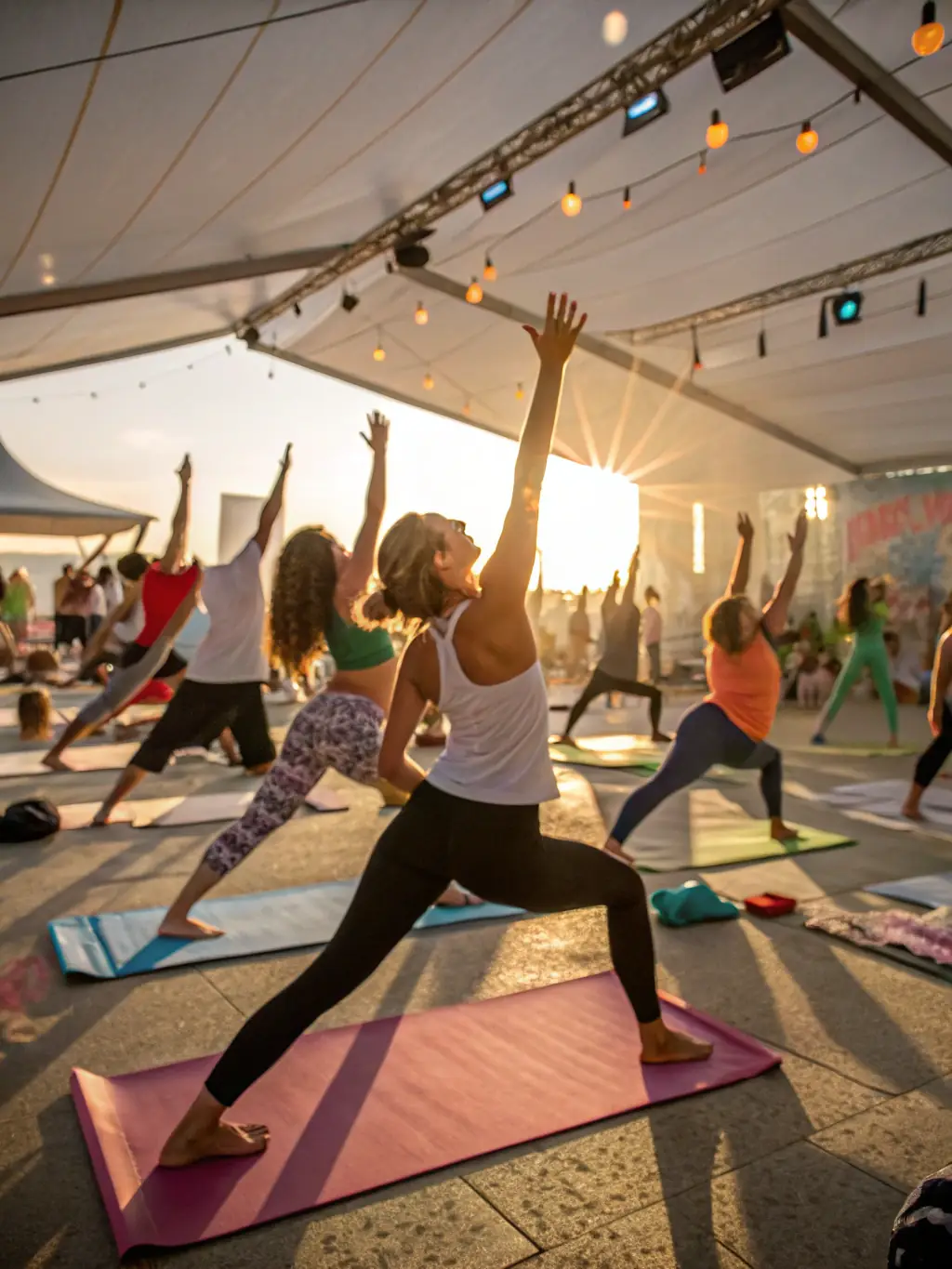 A person transitioning between yoga poses, highlighting the flow and cardiovascular benefits, in a modern studio.