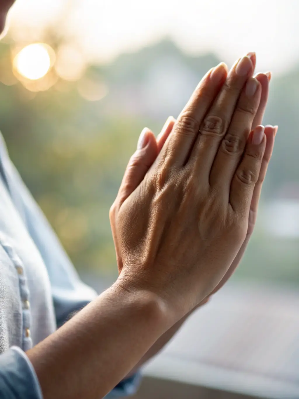 A close-up shot of a person's hands in prayer position (Anjali Mudra) during a Vinyasa flow, highlighting the mindfulness and connection to breath.