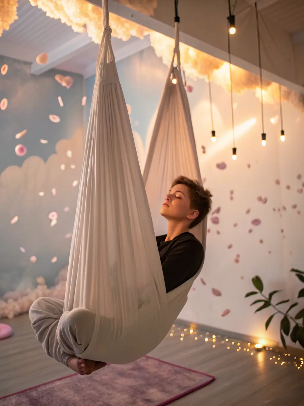 A calming image of a person supported by aerial silks in a gentle inversion, highlighting the therapeutic and playful nature of aerial yoga.
