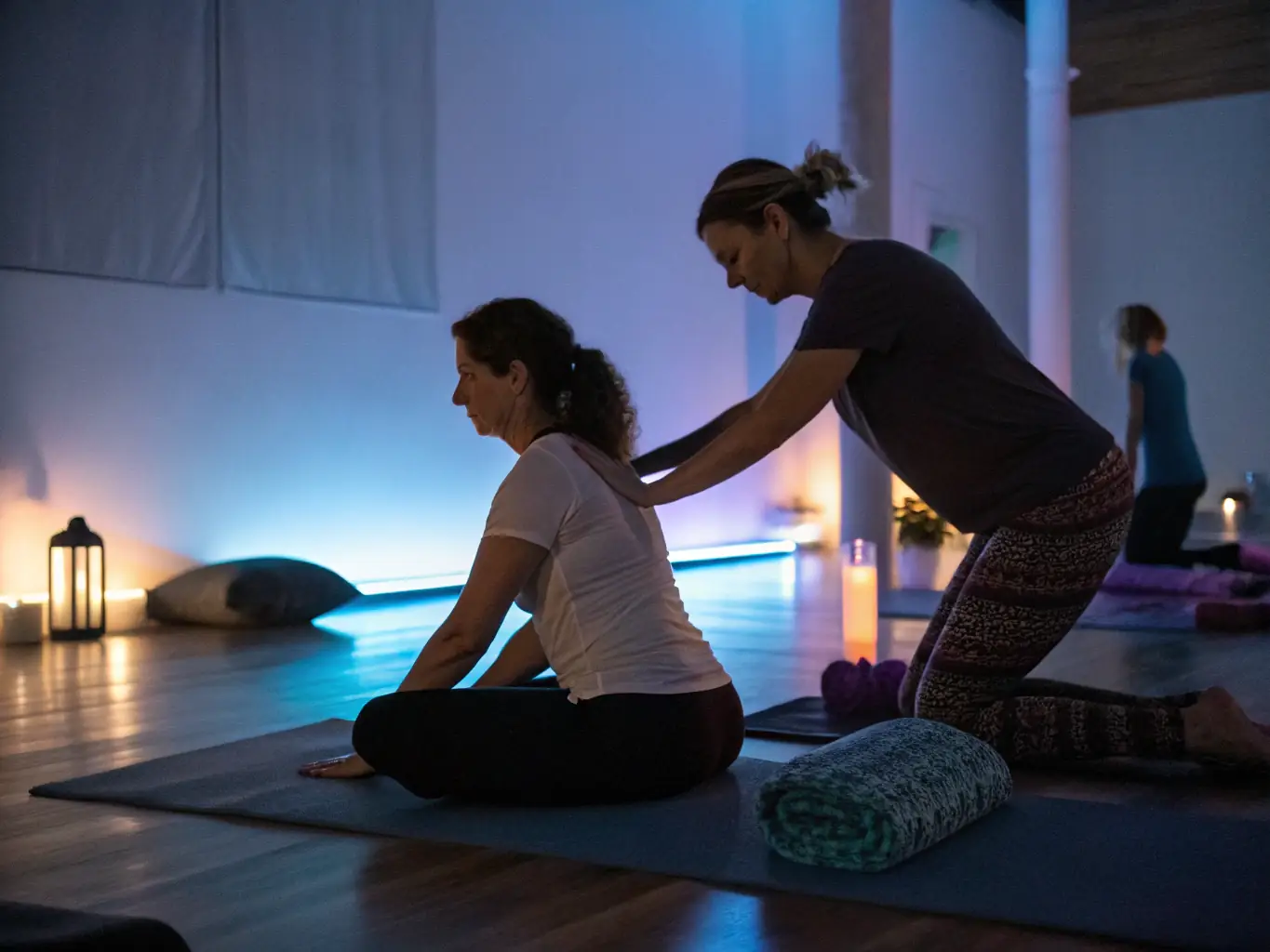 A close-up shot of hands adjusting a student's posture during a therapeutic vinyasa class, emphasizing safe and effective alignment techniques.