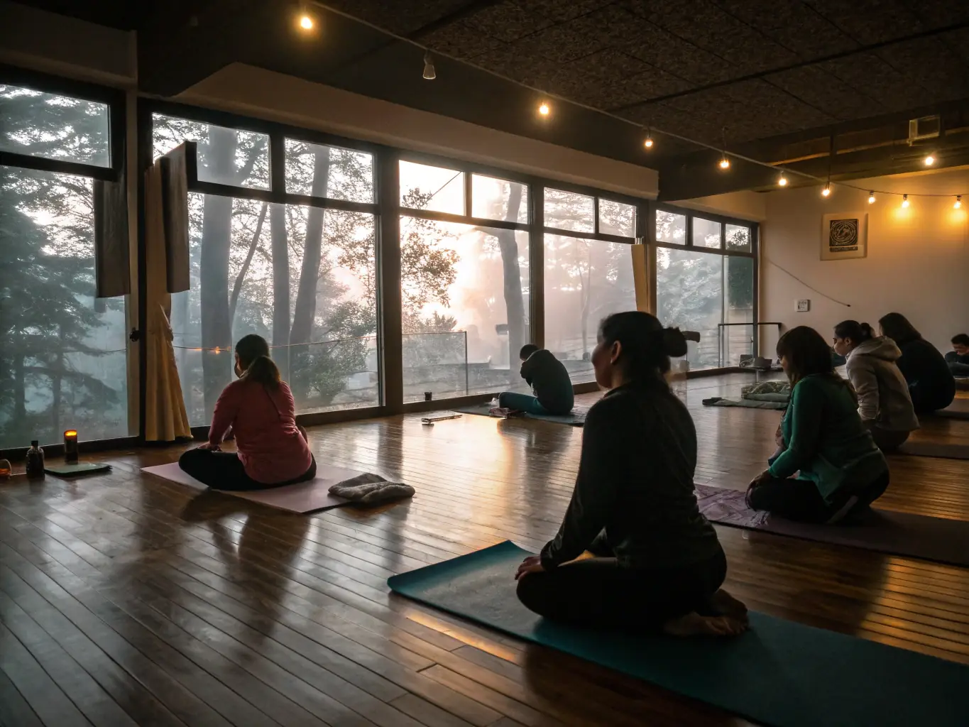 A serene yoga studio with participants in a therapeutic vinyasa session, focusing on spinal alignment and gentle movements, bathed in soft, natural light.