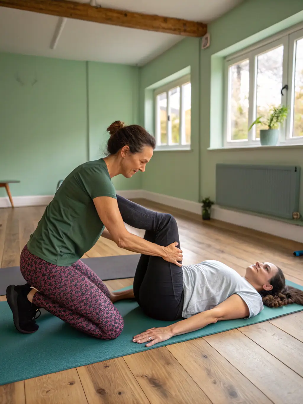 A close-up shot of hands gently guiding a student's knee during a hip-opening pose in a Vinyasa therapy class, emphasizing personalized attention.