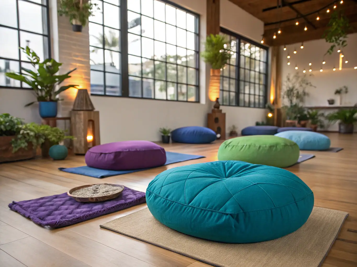 A group of yoga students practicing a restorative pose in a dimly lit studio, with soft blankets and props, creating a calming and supportive atmosphere.
