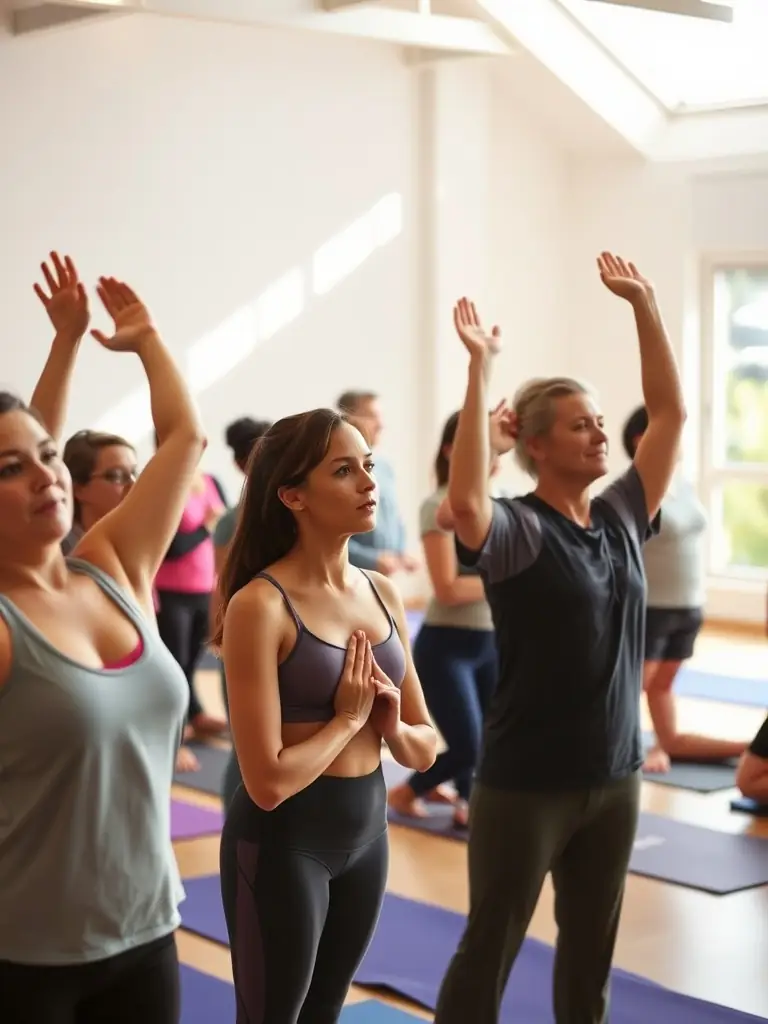 A group of yoga students in a Vinyasa class, all smiling and looking relaxed, showcasing the stress-relieving benefits of the practice.